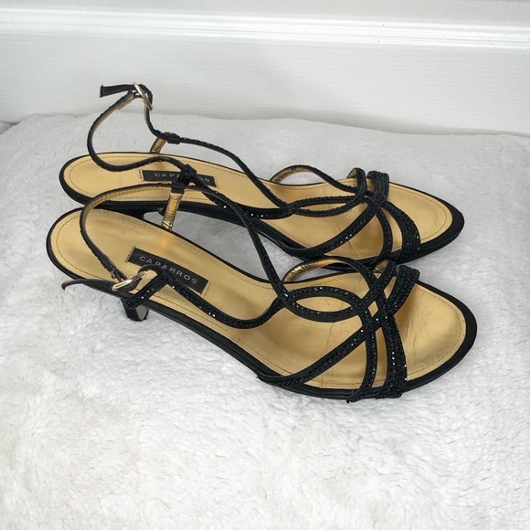 Black Strappy Kitten Heel Sandals with Black Rhinestones (Size 8) - Picture 2 of 4